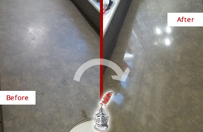 Before and After Picture of a Dull Malverne Limestone Countertop Polished to Recover Its Color