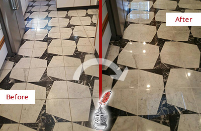 Sir Grout Polishes this Dull Great Neck Marble Stone Floor To Recover Its Luster Before and After Picture of a Dull Great Neck Marble Stone Floor Polished To Recover Its Luster