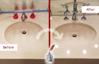 Sir Grout Polishes this Dull Great Neck Marble Stone Vanity Top to Bring-Back Its Sheen Before and After Picture of a Dull Great Neck Marble Stone Vanity Top Polished to Bring-Back Its Sheen