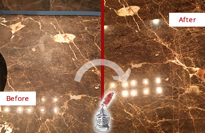 Before and After Picture of a Jericho Marble Stone Countertop Polished to Eliminate Stains