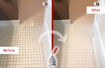 Before and After Picture of a Merrick Bathroom Floor Sealed to Protect Against Liquids and Foot Traffic