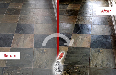 Sir Grout Seals this Dull Williston Park Slate Floor to Bring Back Its Colors Before and After Picture of a Dull Williston Park Slate Floor Sealed to Bring Back Its Colors