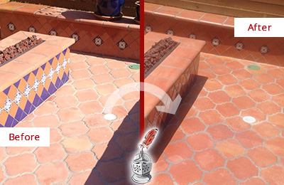 Sir Grout Seals this Dull Williston Park Terracotta Patio Floor For UV Protection Before and After Picture of a Dull Williston Park Terracotta Patio Floor Sealed For UV Protection