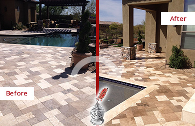 Sir Grout Seals this Faded Williston Park Travertine Pool Deck For Extra Protection Before and After Picture of a Faded Williston Park Travertine Pool Deck Sealed For Extra Protection