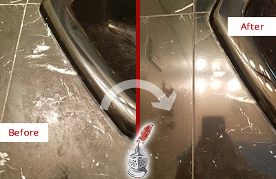 Before and After Picture of a Hewlett Marble Countertop Cleaned to Remove Deep Dirt