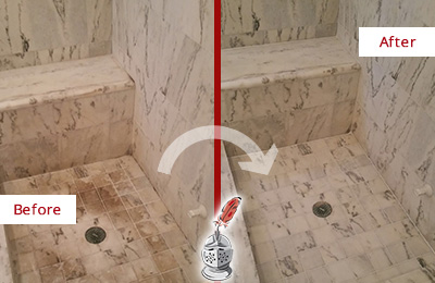 Sir Grout Cleans this Dirty East Rockaway Marble Shower to Eliminate Dark Stains Before and After Picture of a Dirty East Rockaway Marble Shower Cleaned to Eliminate Dark Stains