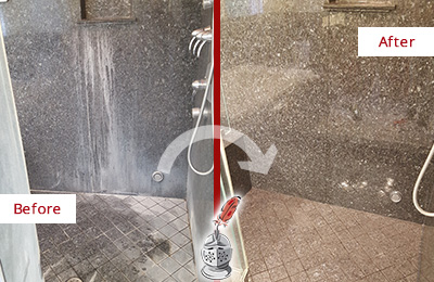 Sir Grout Cleans this East Rockaway Granite Shower to Remove Mineral Deposits Before and After Picture of a East Rockaway Granite Shower Cleaned to Remove Mineral Deposits
