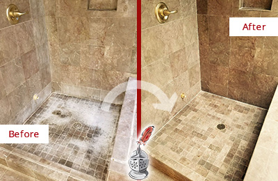 Sir Grout Cleans this East Rockaway Travertine Shower to Eliminate Water Spots Before and After Picture of a East Rockaway Travertine Shower Cleaned to Eliminate Water Spots