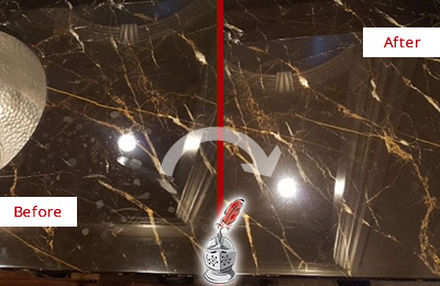 Sir Grout Cleans this East Rockaway Marble Countertop to Remove Water Spots Before and After Picture of a East Rockaway Marble Countertop Cleaned to Remove Water Spots