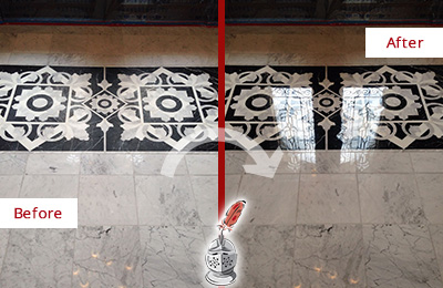 Sir Grout Seals the Stone of this Mineola Marble Floor to Recover Its Sheen Before and After Picture of a Mineola Marble Stone Sealed to Recover Its Sheen
