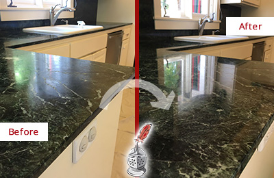 Sir Grout Hones this Locust Valley Marble Kitchen Countertop to Remove Water Marks Before and After Picture of a Locust Valley Marble Kitchen Countertop Honed to Remove Water Marks