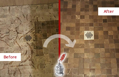 Before and After Picture of a Sea Cliff Marble Shower Honed to Remove Etching