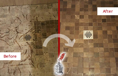 Sir Grout Hones this Locust Valley Marble Shower to Remove Etching Before and After Picture of a Locust Valley Marble Shower Honed to Remove Etching