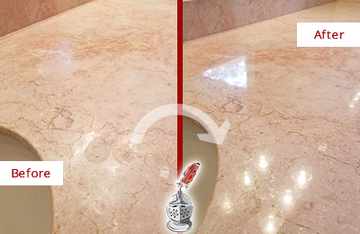 Sir Grout Hones this Locust Valley Marble Vanity Top to Eliminate Water Spots Before and After Picture of a Locust Valley Marble Vanity Top Honed to Eliminate Water Spots