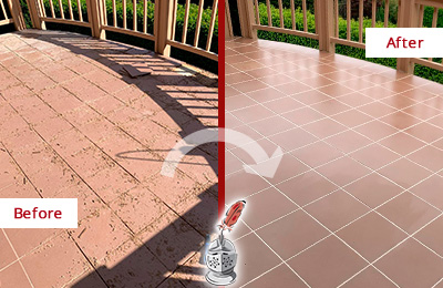 Before and After Picture of a Glen Cove Hard Surface Restoration Service on a Tiled Deck