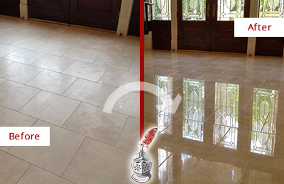 Sir Grout Restored This Rockville Centre Dull Travertine Floor to Recover Its Splendor with a Stone Polishing Service Before and After Picture of a Rockville Centre Hard Surface Restoration Service on a Dull Travertine Floor Polished to Recover Its Splendor