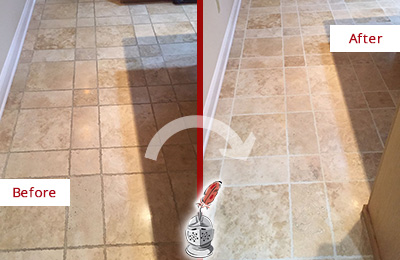 Sir Grout Cleans this Oceanside Kitchen Floor's Grout to Recover Its Color Before and After Picture of Oceanside Kitchen Floor Grout Cleaned to Recover Its Color