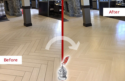 Sir Grout Cleans the Grout on this Oceanside Lobby Floor Before and After Picture of a Oceanside Lobby Floor Cleaned to Even the Grout Color
