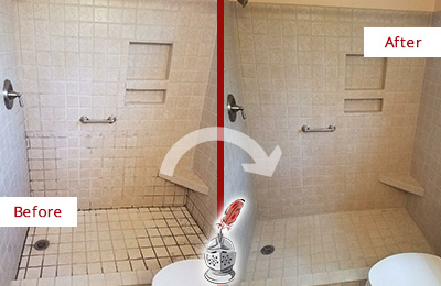 Sir Grout Cleans the Grout on this Oceanside Moldy Shower Before and After Picture of a Oceanside Shower Grout Cleaned to Remove Mold