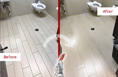 Before and After Picture of a Wantagh Office Restroom's Grout Cleaned to Remove Dirt