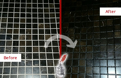 Sir Grout Recolored the Grout of this Bethpage Black Tile Floor Before and After Picture of a Bethpage Black Floor with Recolored Grout
