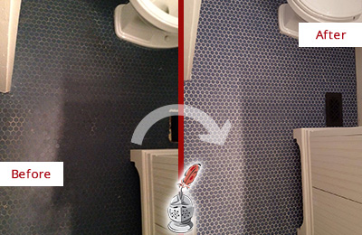 Sir Grout Recolors the Grout on this Bethpage Blue Tile Floor Before and After Picture of a Bethpage Blue Tile Floor Recolored Grout