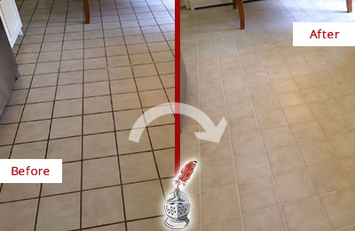 Sir Grout Recolors this Bethpage Kitchen Tile Floor's Grout Before and After Picture of a Bethpage Kitchen Tile Floor with Recolored Grout