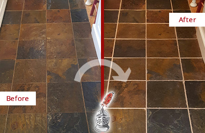 Sir Grout Recolors the Grout of this Bethpage Slate Floor Before and After Picture of a Bethpage Slate Floor Recolored Grout