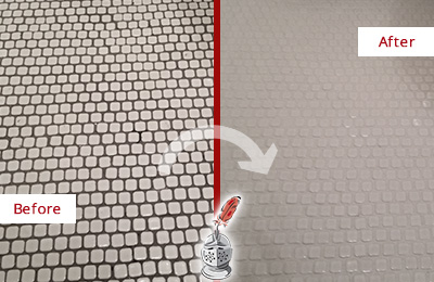 Sir Grout Recolors the Grout of this Bethpage White Mosaic Tile Before and After Picture of a Bethpage White Mosaic Tile Recolored Grout