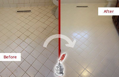 Sir Grout Seals the Grout of this Manhasset White Bathroom Floor for Extra Protection Before and After Picture of a Manhasset White Bathroom Floor Grout Sealed for Extra Protection