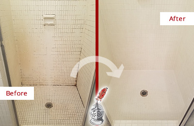 Before and After Picture of a New Hyde Park Bathroom Grout Sealed to Remove Mold