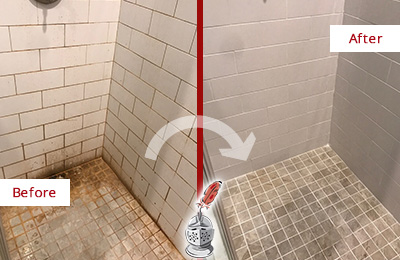 Before and After Picture of a Westbury Shower Grout Sealed to Eliminate Mold