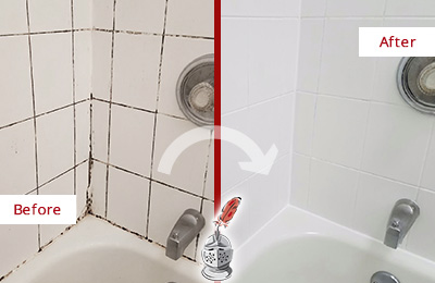 Sir Grout Seals the Grout to Eliminate Mold from this Manhasset Tub Before and After Picture of a Manhasset Tub with Sealed Grout to Eliminate Mold