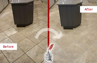 Before and After Picture of a Island Park Kitchen Floor Grout Sealed to Remove Stains