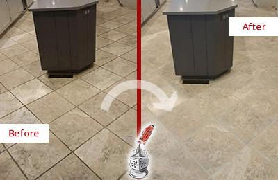 Sir Grout Seals this Stained Manhasset Kitchen Floor Grout to Remove Stains Before and After Picture of a Manhasset Kitchen Floor Grout Sealed to Remove Stains