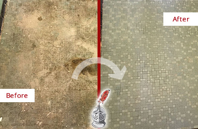 Sir Grout Cleans this Great Neck Mosaic Shower Cleaned to Eliminate Embedded Dirt Before and After Picture of a Great Neck Mosaic Shower Cleaned to Eliminate Embedded Dirt