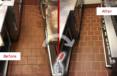 Sir Grout Cleans this Great Neck Restaurant Kitchen Floor to Remove Grease Build-Up Before and After Picture of a Dull Great Neck Restaurant Kitchen Floor Cleaned to Remove Grease Build-Up